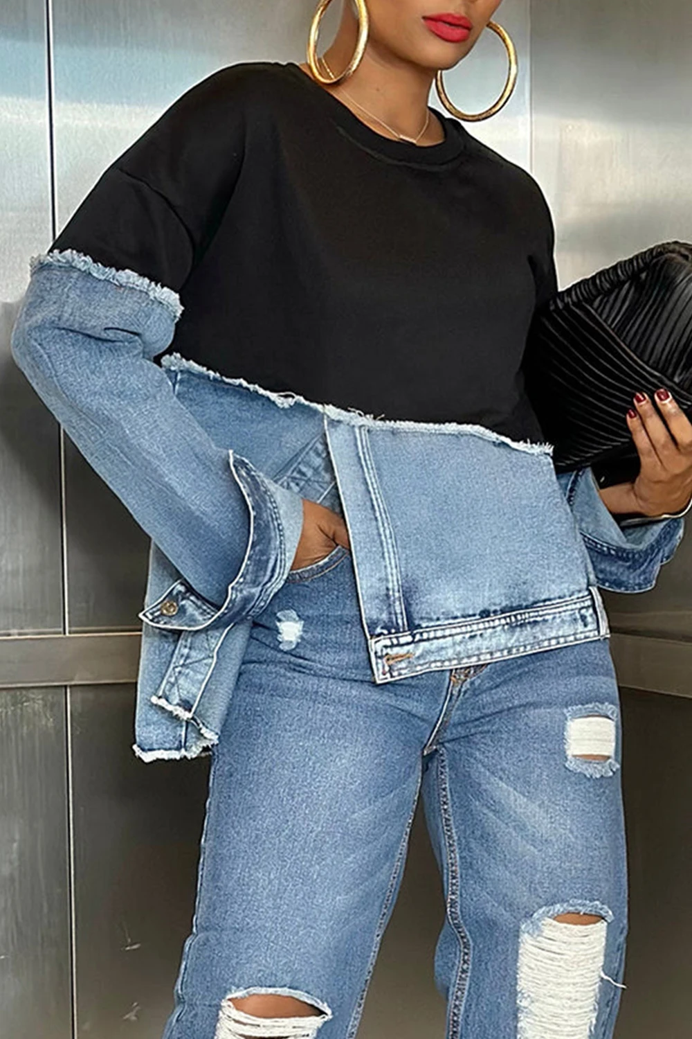 

Plus Size Daily Black Round Neck Long Sleeve Contrast Split Denim Sweatshirts