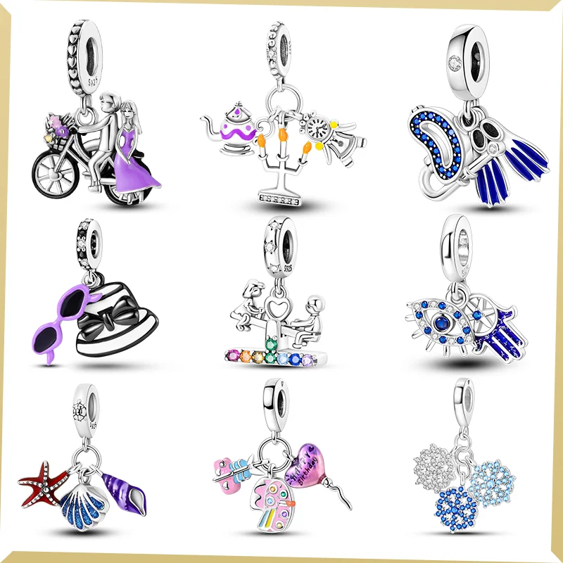 

New925 Sterling Silver Blue Hat Glasses Cycling Couple Charm Beads Pendant Fit Pandora Original Bracelet Women DIY Gift Jewelr