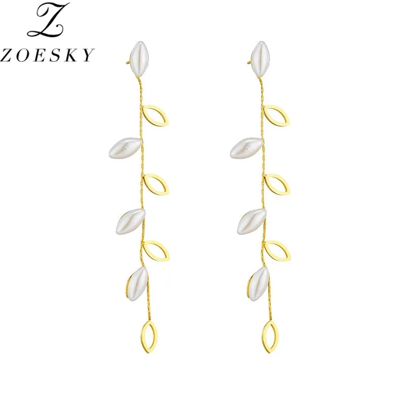 Zoesky Luxury Pearl Hollow Willow Leaf Long Dangle Earrings For Women Girls Gold Color Drop Earring Party Jewelry Valentine Gift