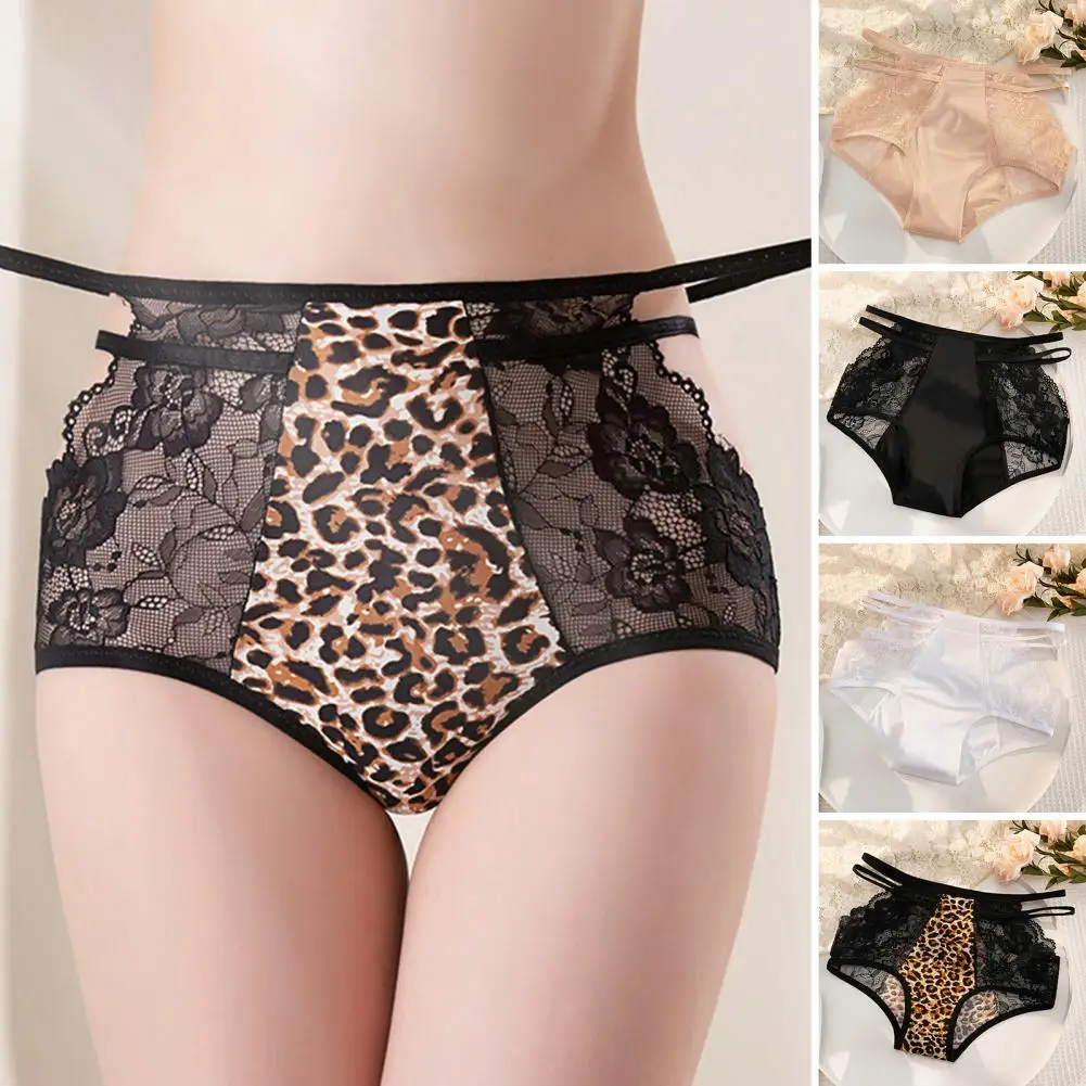 Ultra-thin Panties Leopard Print Lace High Waist Panties for Women Tummy Control Underwear with Breathable Anti-septic Fabric