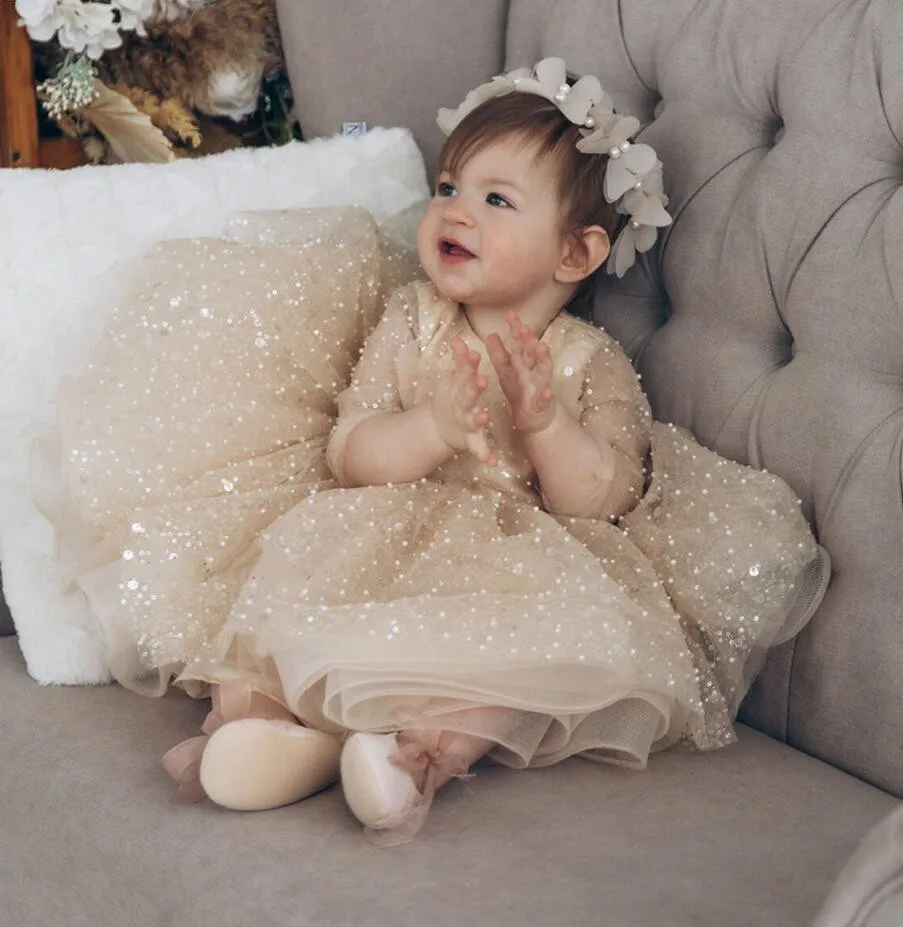 Flower Girl Dress For Wedding Glitter Sequins Champagne Tulle Puffy Full Sleeve Child First Eucharistic Birthday Party Dresses