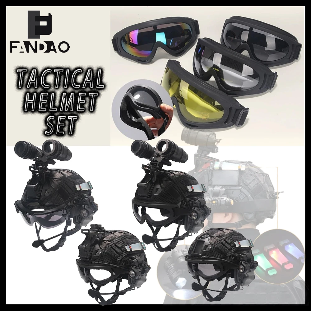 Tactical Helmet Set Airsoft Fast PJ Helmet With Headset Goggles NVG Model Flashlight Signal Light  Outdoor Paintball Hunting Gea