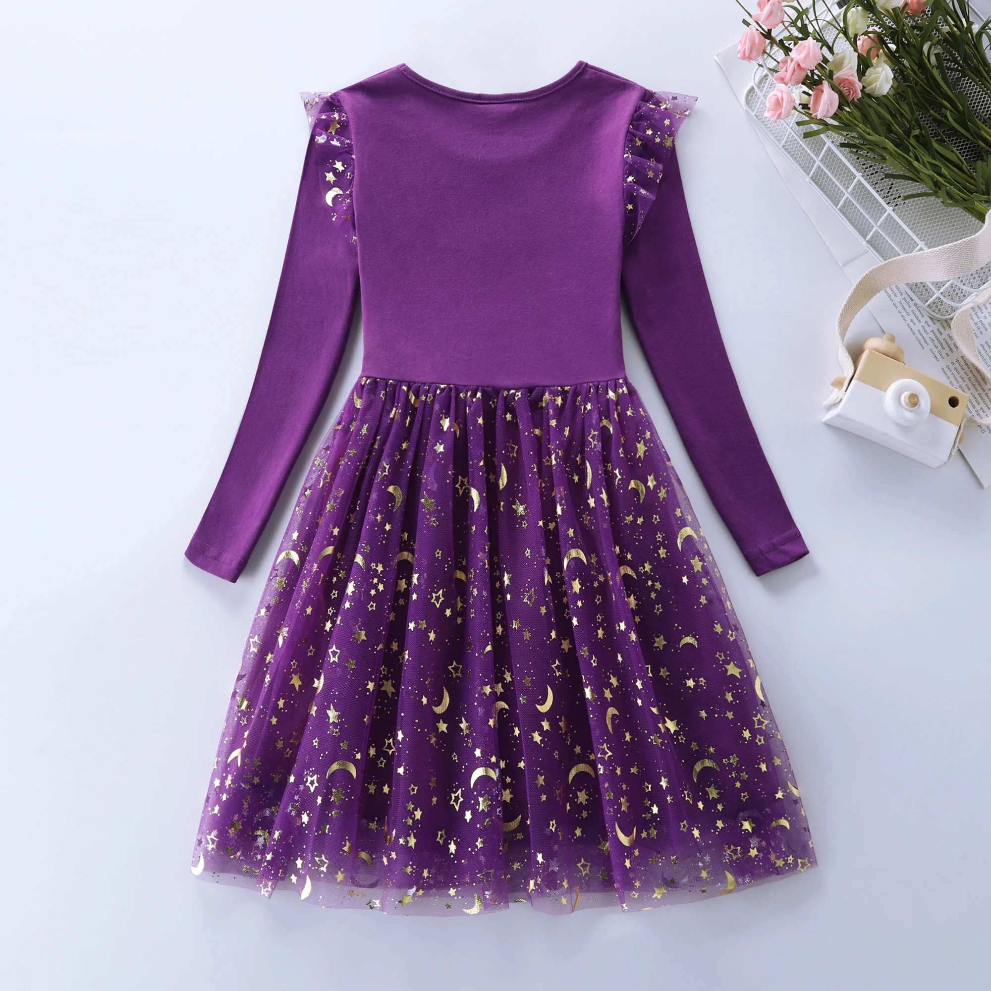 Girl's Spring Unicorn Embroidered Long Sleeved Mesh Spliced Cotton Party Princess Dress LH1701