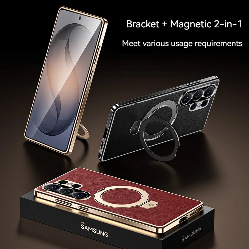Magnetic Holder Ring PU Leather Phone Case For Samsung Galaxy S26 S25 S24 S23 Ultra Aluminum Metal Magnetic Bracket Bumper Cover