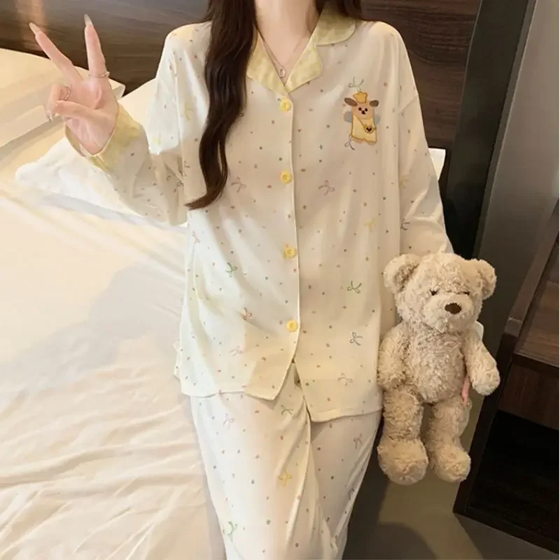 Spring/Autumn Polka Dot Bow Bear Print Women's Pyjama Set Fashion Y2K Cute Style Loungewear Comfort Soft Two-Piece Set Sleepwear