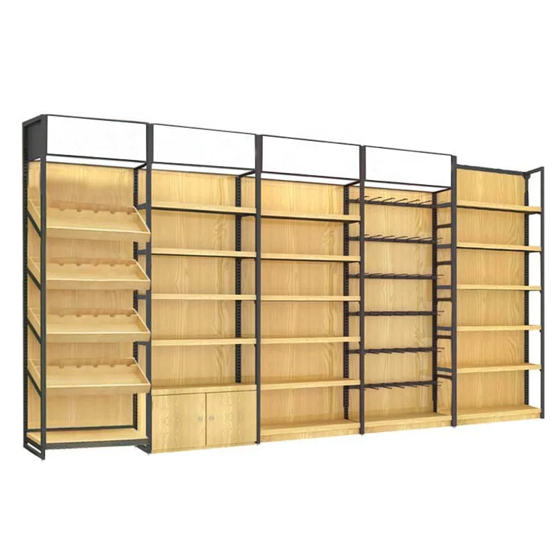 Manufacturer Double Sided 5-Layer Flat Back Plate Light Supermarket Store Display Wooden Shelf Shelf