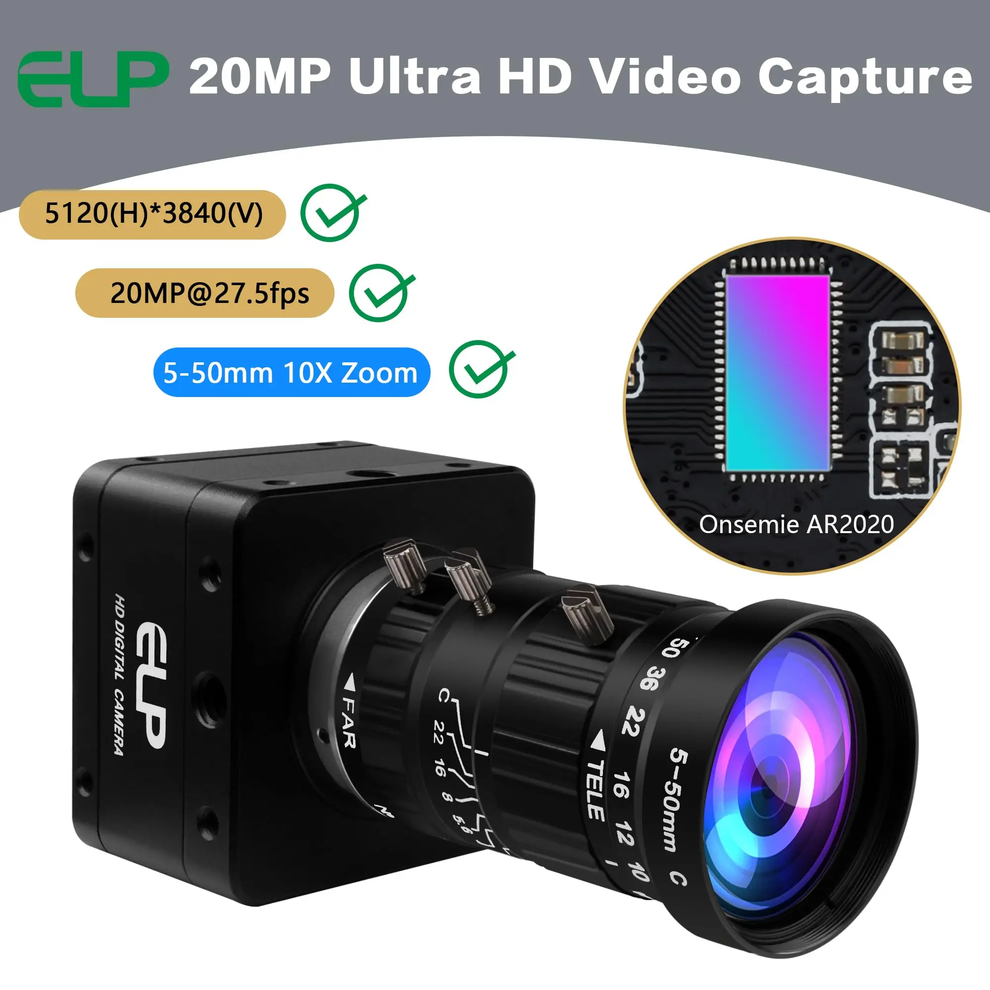 ELP 20MP USB 3.0 Camera Ultra HD 3840P Manual 10X Zoom Webcam