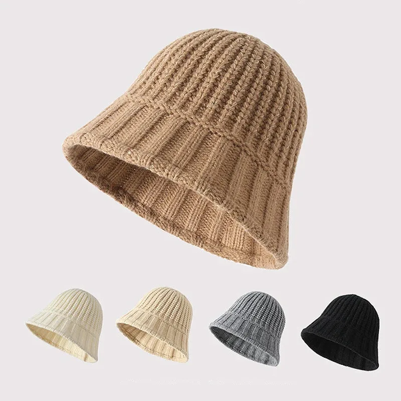 

Winter Knit Bucket Hat for Women Korean Solid Color Fisherman Hat Outdoor Windproof Warm Panama Caps