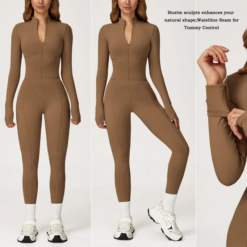 VITALINOVO Fleece Lined Long Sleeve Jumpsuits for Women Full Zipper Bodysuit Workout Full Length Bodycon Scrunch Leggings Onesis
