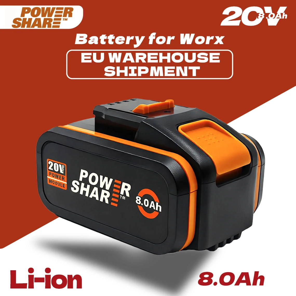 WA3553 20V 8000mAh Li-Ion újratölthető csereakkumulátor Worx elektromos kéziszerszámhoz WA3551 WX390 WX176 WX178 WX550 WX386 WX678 WG894E