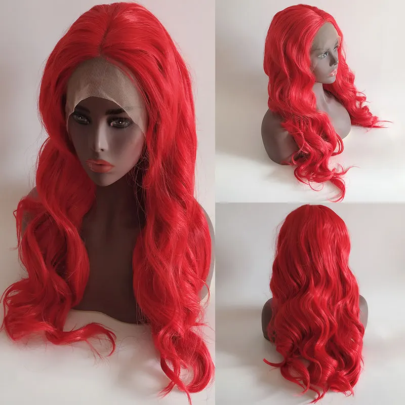 

Bright Red Body Wave Hair Synthetic 13x4 Lace Front Wigs High Quality Heat Resistant Fiber Hair Middle Part For Women Cosplay