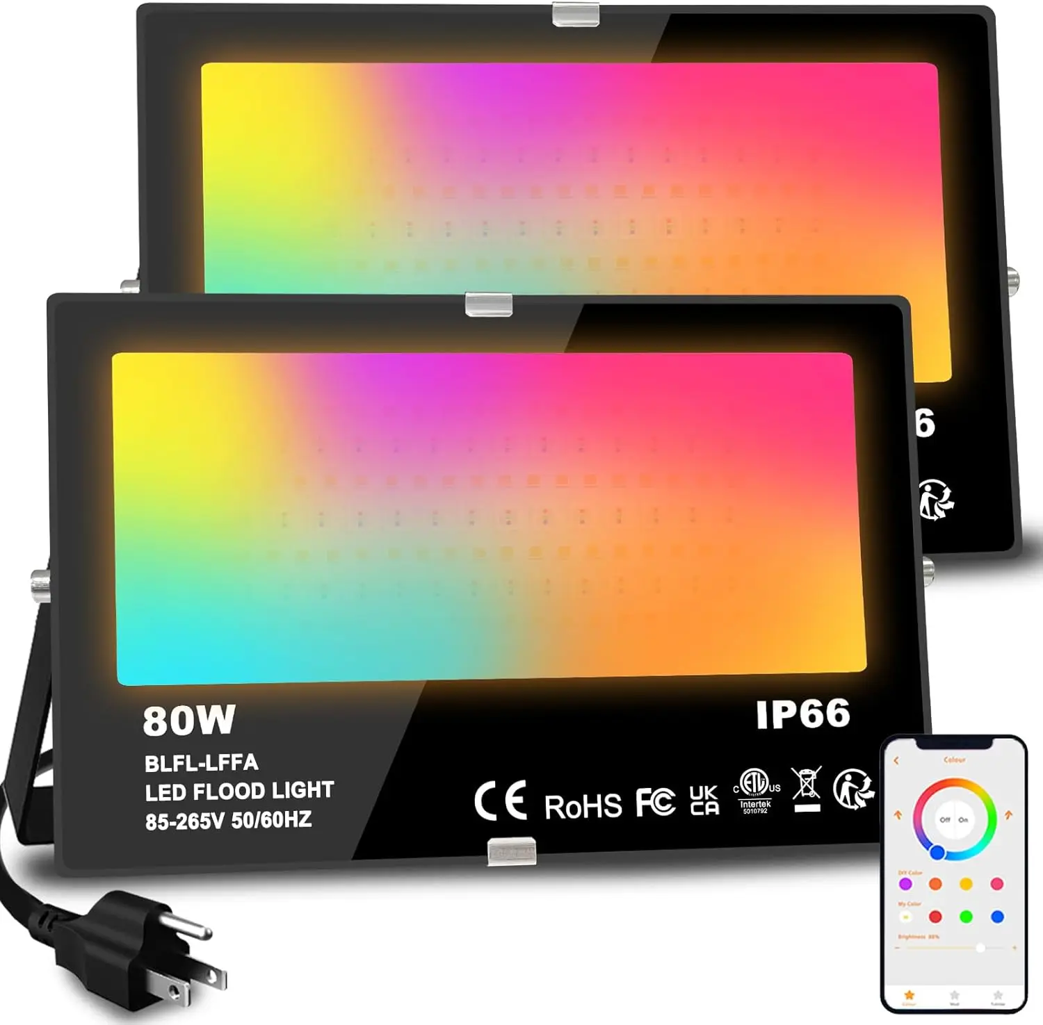 

800W Equivalent Smart RGB LED Flood Light, APP Control, IP66 Waterproof, Color Changing Uplight with Timing (2Pack)