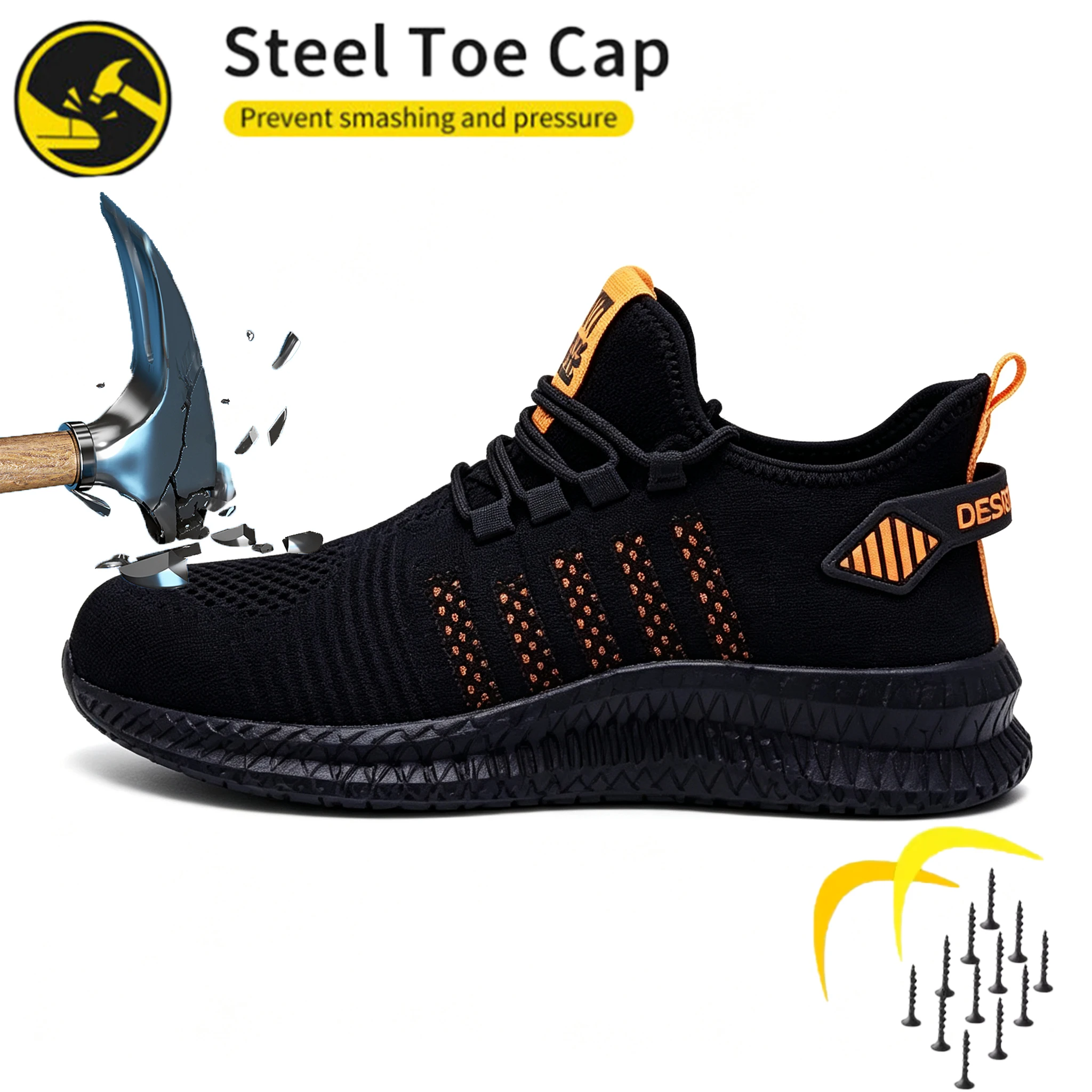 Men's Steel Toe Work Sneakers, Anti-Smash Anti-Puncture, Fashion Heavy-Duty Safety Shoes, Lightweight Breathable Riding Shoes