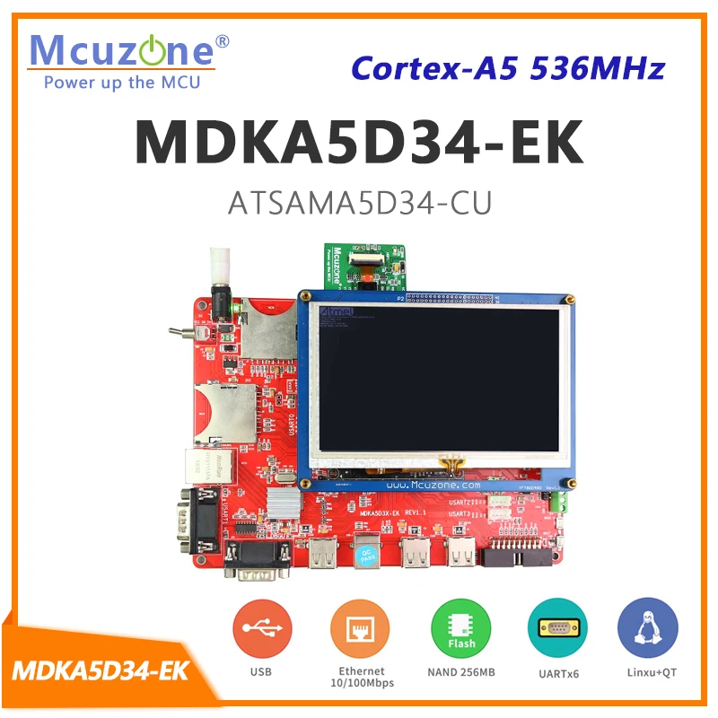 

ATSAMA5D34 MDKA5D34-EK, 536MHz Cortex-A5 CPU, 256MB DDR2, 256MB NAND,HS USB, ISI(OV2640), Linux 4,9