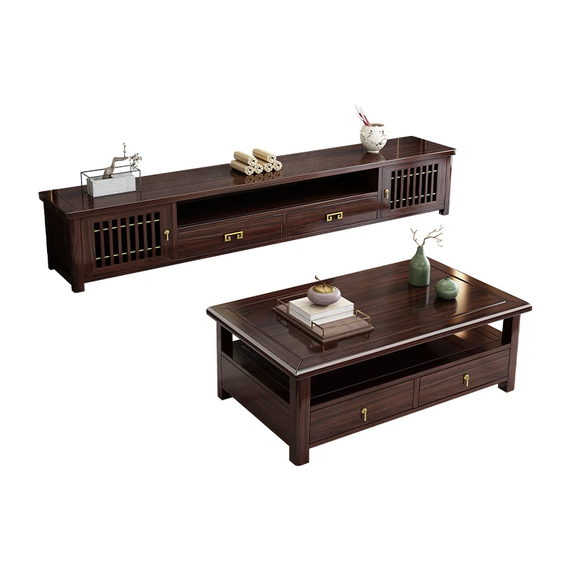 

Black gold wood solid wood coffee table TV cabinet combination new Chinese living room wall slate floor cabinet