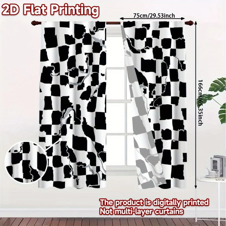 2PCS Digital Printed Curtains, Fragmented Shadow Checkerboard Pattern, Stylish Window Treatment for Living Room Bedroom Decor