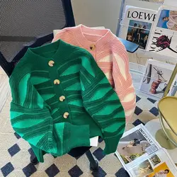 Striped Sweater Women Autumn New Knitting Cardigan Female All-match Loose Geometric Cardigan Coat Women's Clothing Trend Top Tee