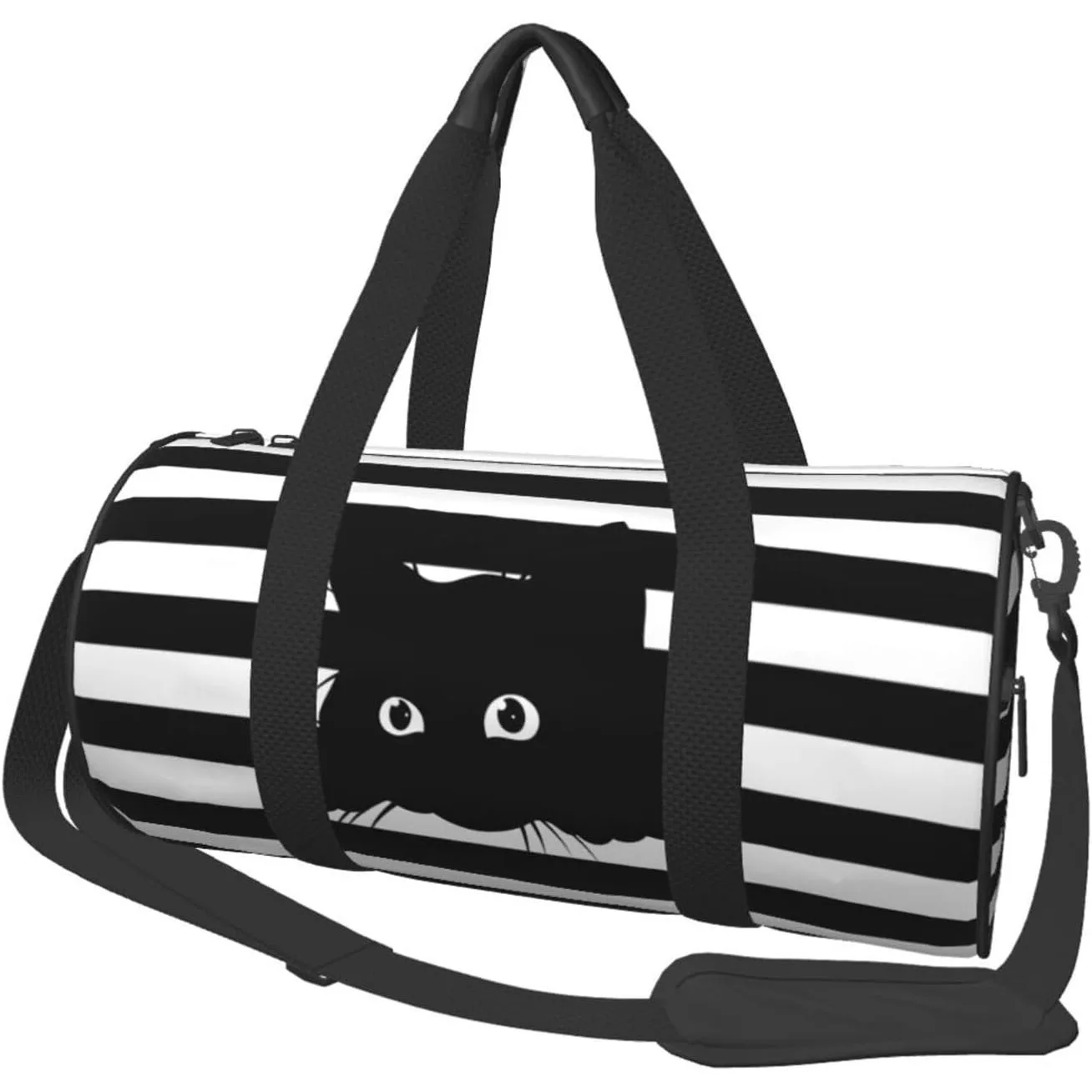 

Cute Cat On Black And White Striped Background Sports Gym Bag Travel Duffel Bag Shoes Compartment For Men Women Yoga Sports Bag