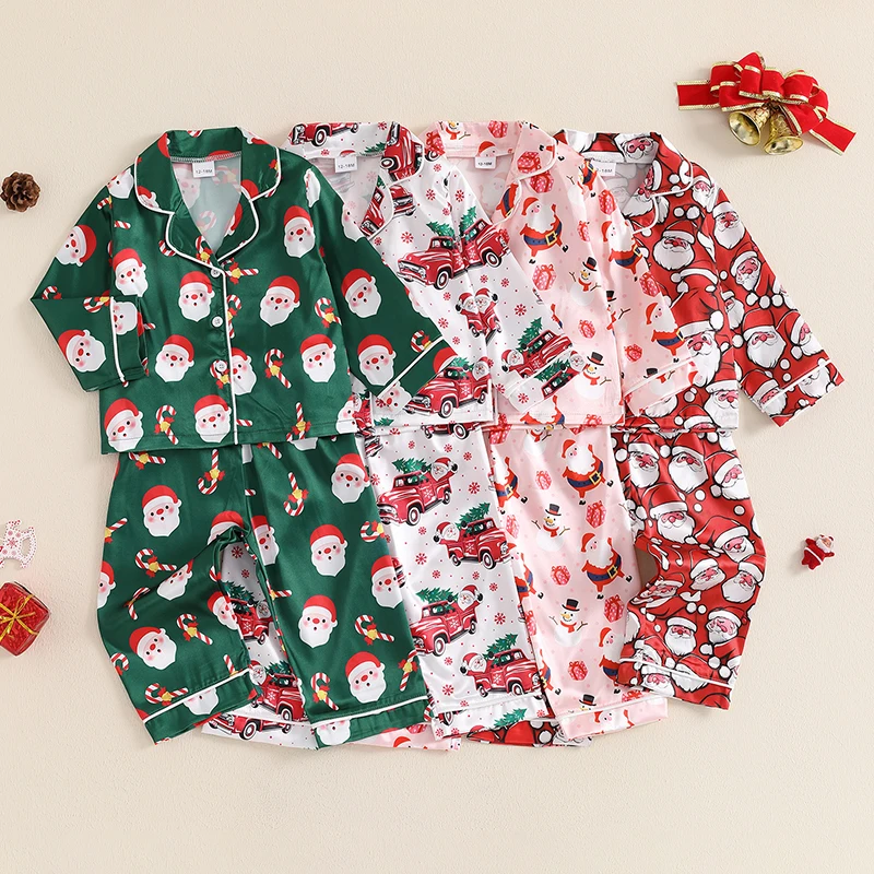 2024-06-21 Lioraitiin Kids Girls Christmas Pajamas Set Santa Claus Print Button up Long Sleeve Shirt and Elastic Pants Sleepwear