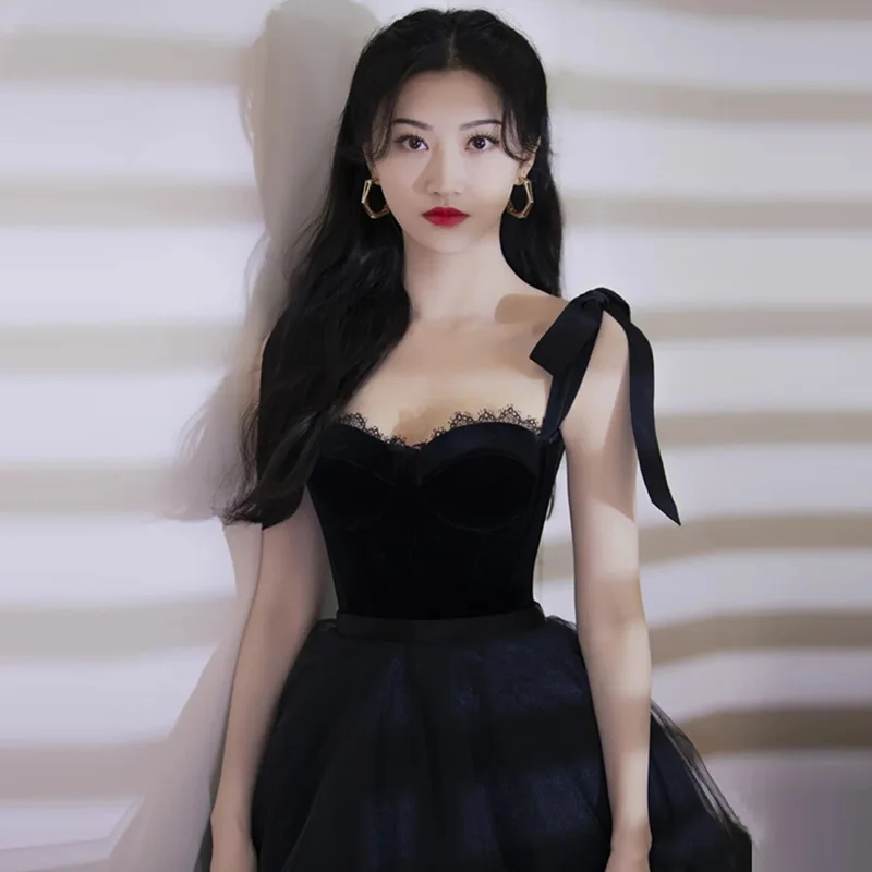 

Summer New Black Evening Gown Women's 2025 Birthday Party Dress Graduation Host Simple Elegant Chiffon mid Waist Skirt