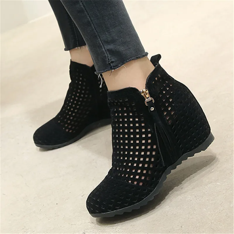 2024 New Women Summer Boots Flat Low Hidden Wedges Cutout Zip Bootas Ladies Dress Casual Shoes Hot Sale Size 34-43 Botas Mujer