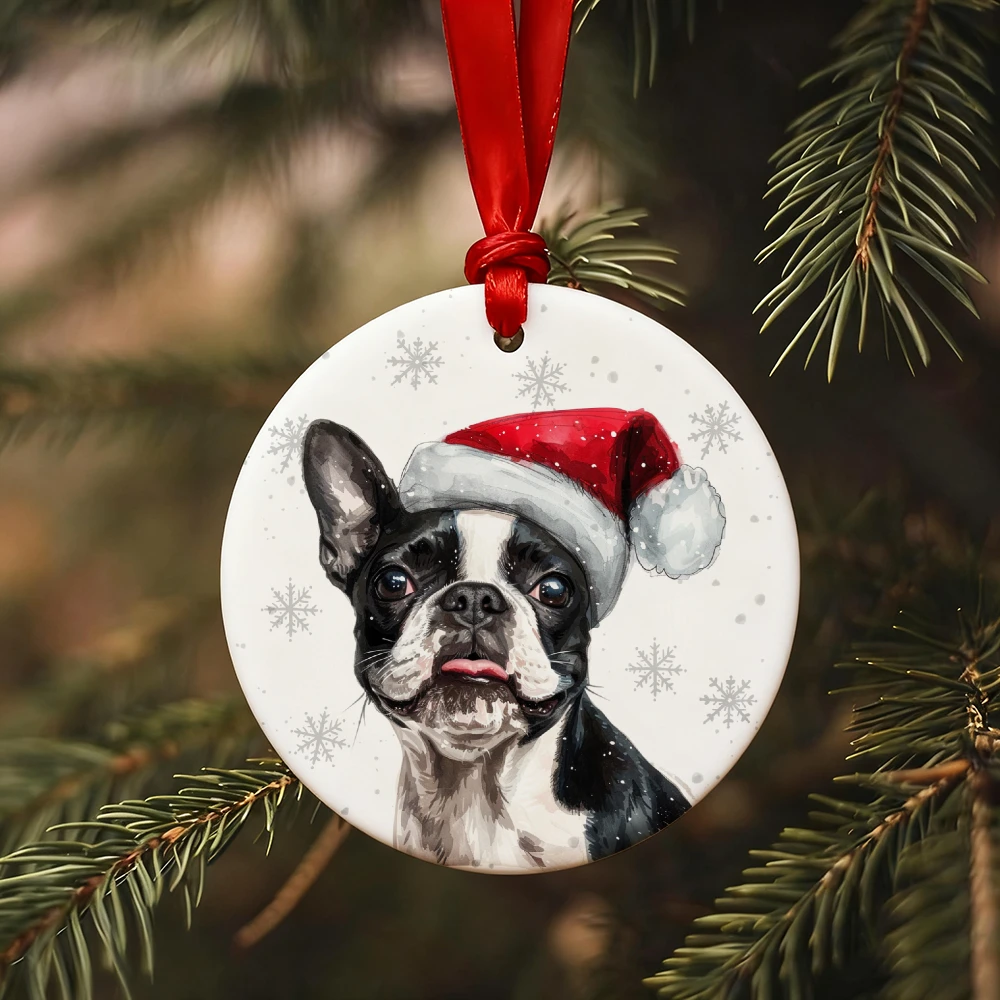 

1 Piece French Dou Christmas Ornament - Ceramic Hanging Puppy with Christmas Hat and Snowflake Decoration, Durable Ceramic Gift