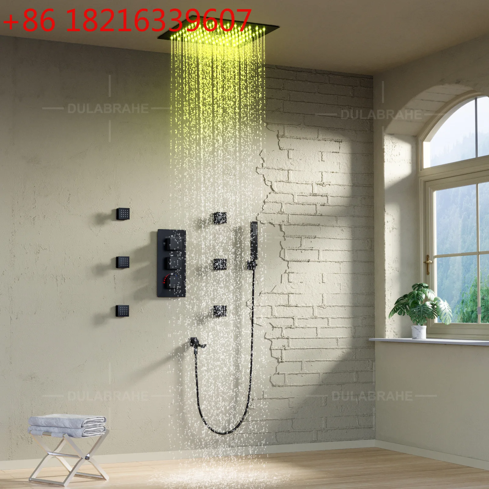 Concealed embedded wall thermostatic shower shower set Black 300 * 300mmLED