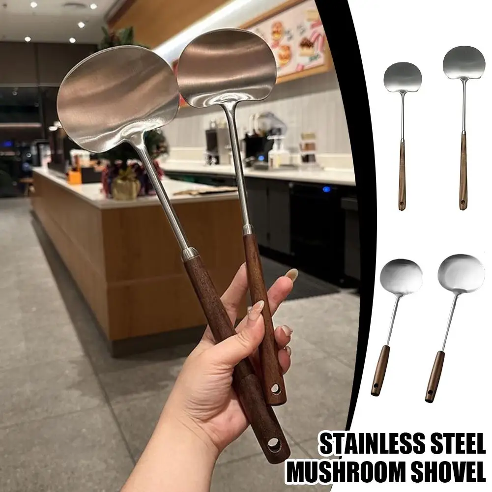 Espátula Wok de acero inoxidable con mango de madera, cuchara de cocina específica para Chef, pala larga para setas, accesorios de cocina, cuchara para sopa giratoria