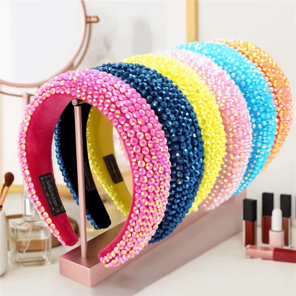 

Elegant Wide Brim Full Rhinestone Headband Padded Design Shiny Baroque Headdress Handmade Thickened Hair Accessory Travel