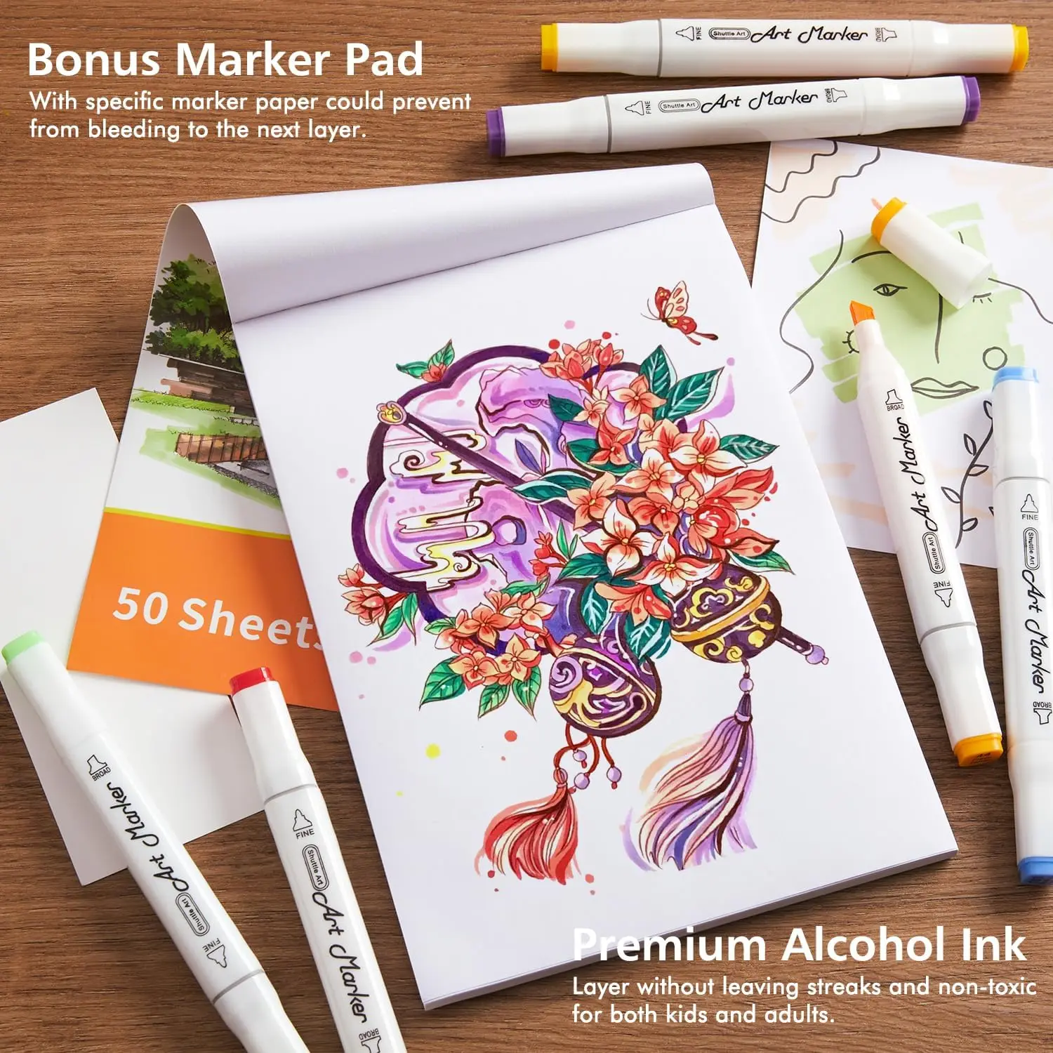 Lineon 172 Colors Alcohol Based Dual Tip Art Markers, 171+1 Blender Permanent Marker Pens Plus 1 Marker Pad 1 Case Perfect for Kids Adult Artist Coloring Books Drawing Sketching and Card Making - view 4