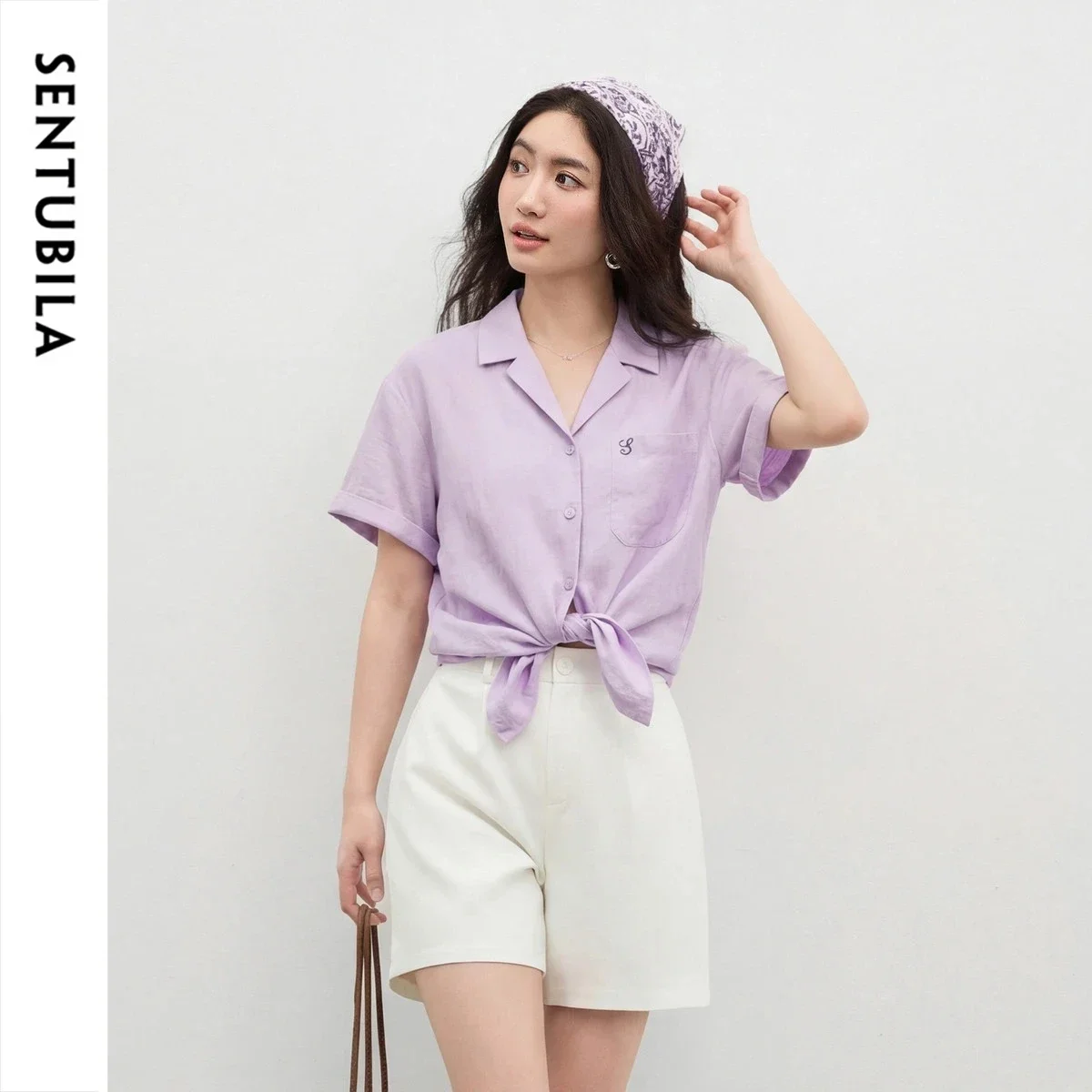 SENTUBILA Women's Short Sleeve Purple Shirt 2026 Summer Office Camp Collar Embroidery Straight Tops Ladies Clothes 162CA5888