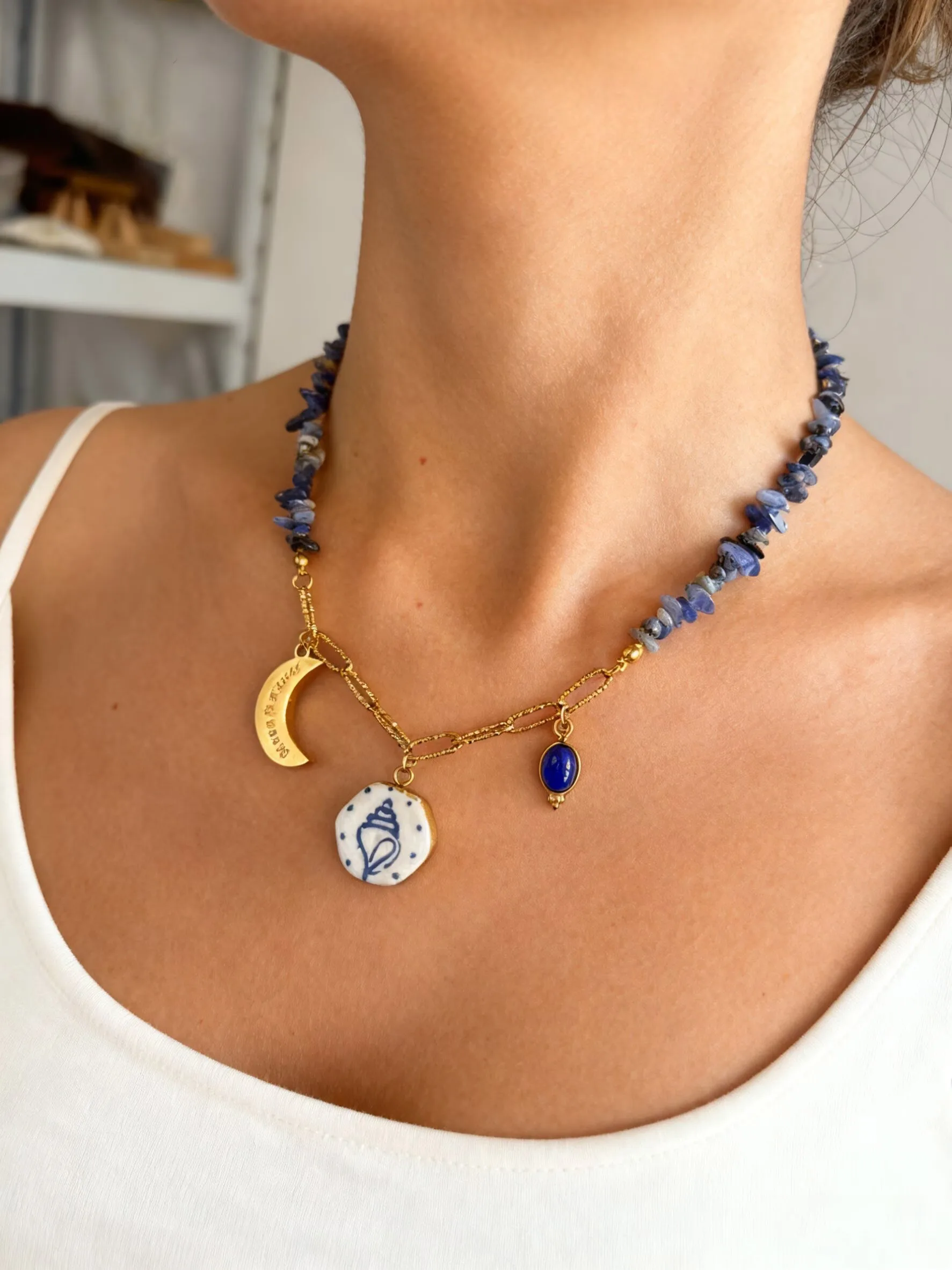 Peri'sbox Bohemian Gold Plated Stainless Steel Ceramic Pendant For Women Natural Stone Handmade Necklace Unique Art Jewelry Gift
