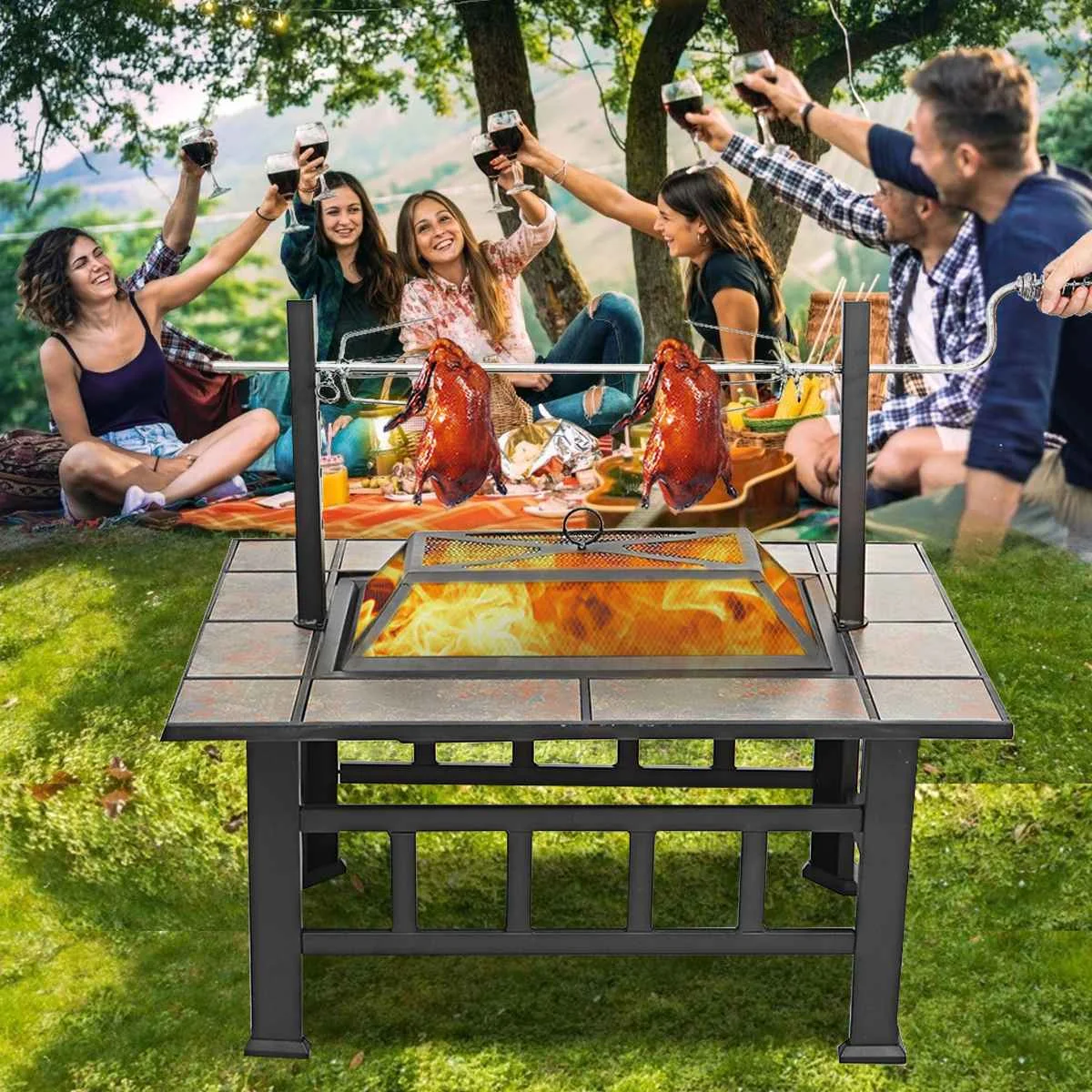 

37 Inch Fire Pit Outdoor Patio Garden Camping Picnic Wood Burning Fire Pits Heating Large Steel BBQ Grill