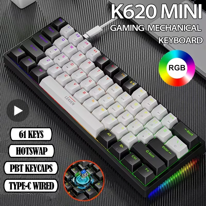 K620 Mini Backlit RGB Gaming Mechanical Keyboard Gamer Mechanic Kit 60 Percent DIY Custom PBT Keycap Hotswap Pink Black USB PC