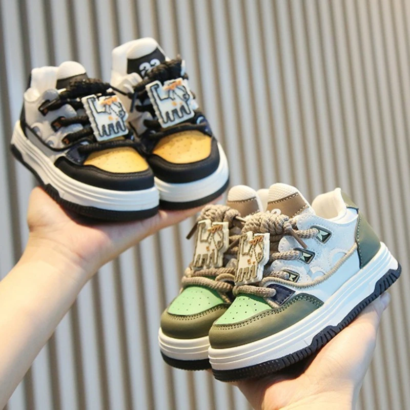 Spring Autumn Children Color-block Lace-up Sneakers Kids Thick-soled Shoes Cartoon Campus Casual Shoes Boys Girls Everyday Wear