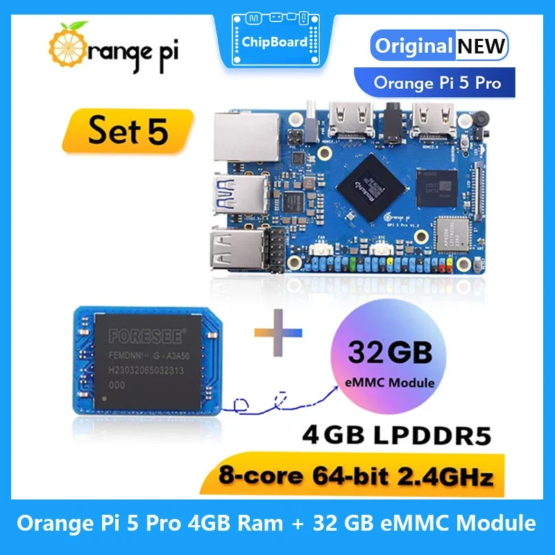 

Orange Pi 5 Pro 4GB Ram + 32 GB eMMC Module RK3588S LPDDR5 Single Board Computer Wifi5.0-BT5 M2.0 Support SSD Orange Pi 5Pro