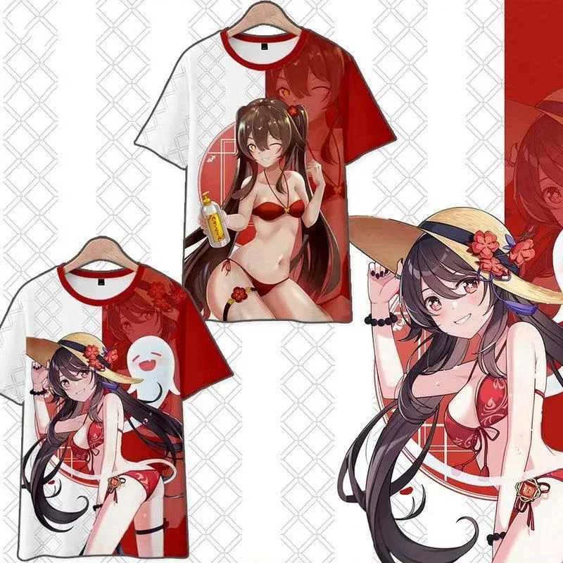 

Genshin Impact Hu Tao Bikini Kawaii 3D Cosplay Anime T-shirt Jogo Das Mulheres Dos Homens T-shirt Topos O-Pesco ç o T-shirt