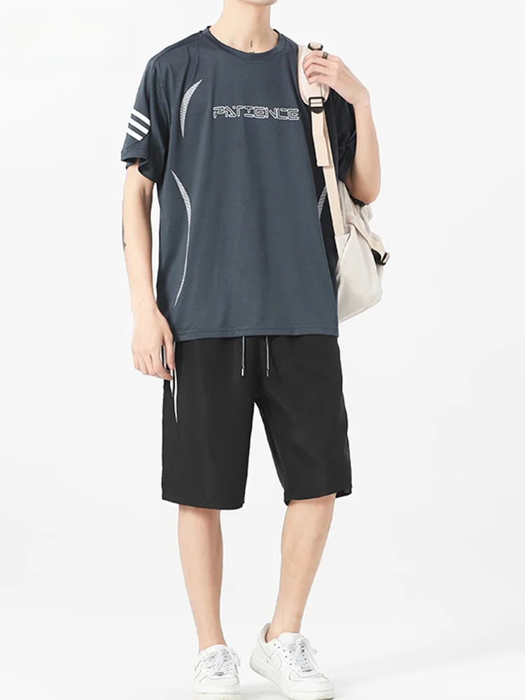 

Летний спортивный костюм из быстросохнущей ткани, модный молодежный комплект из двух предметов с высокой эластичностью, новинка 2025 года, мужская модная одежда