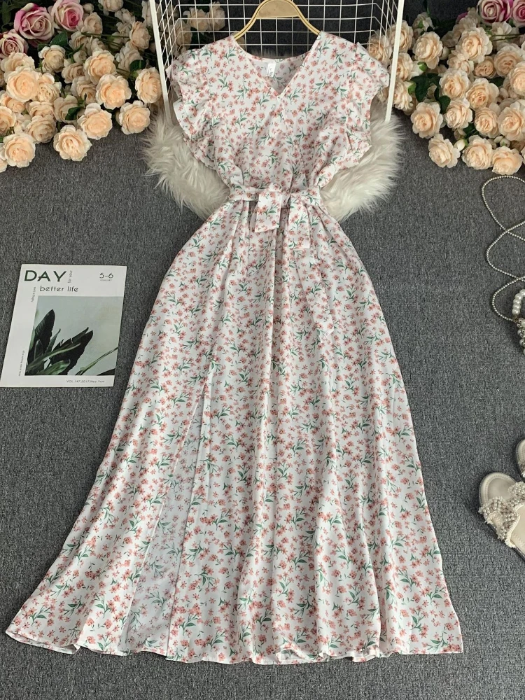 Women Elegant Vintage French V-neck Dress New Summer Pleat High Waist Slim Party Vacation Strap Dresses Vestidos