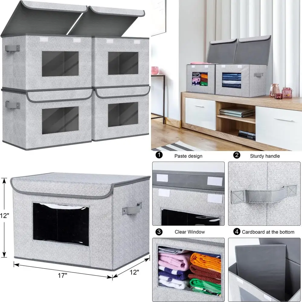 

Fabric Foldable Storage Boxes [4-Pack] Large Collapsible Stackable Storage Bins with Lids, Closet Organizers and Storage Cube Ba