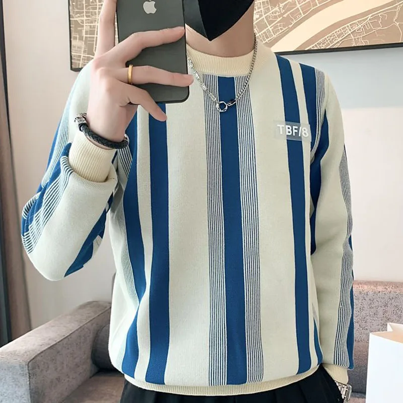 

Autumn and Winter Fashion Round Neck Contrast Stripes Versatile Thickening and Age Reducing Temperament Men's Knitted Sweater