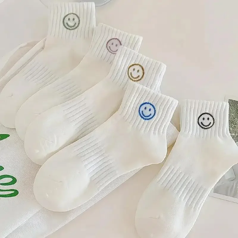 

New 5 Pairs of Whimsical Cartoon Face Print Short Socks - Soft, Breathable, and Comfortable Polyester Knit Fabric
