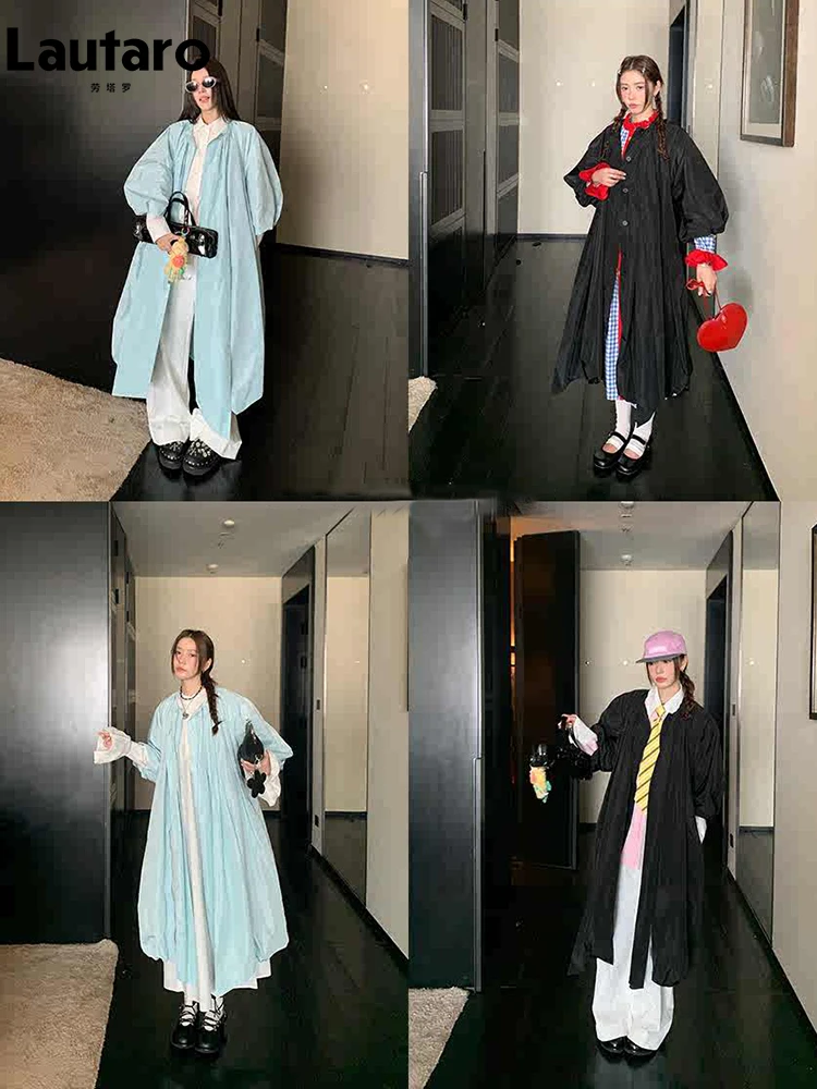 Lautaro Spring Autumn Long Cute Sweet Thin Blue Trench Coat for Women Bow Lantern Sleeve Loose Casual Chic Fashion Overcoat 2026