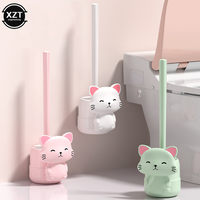 Cute Cat Wall Mounted Silicone Toilet Brush Wc Flat Head Flexible Soft Bristles Brush Quick Drying Holder Bathroom Accessories