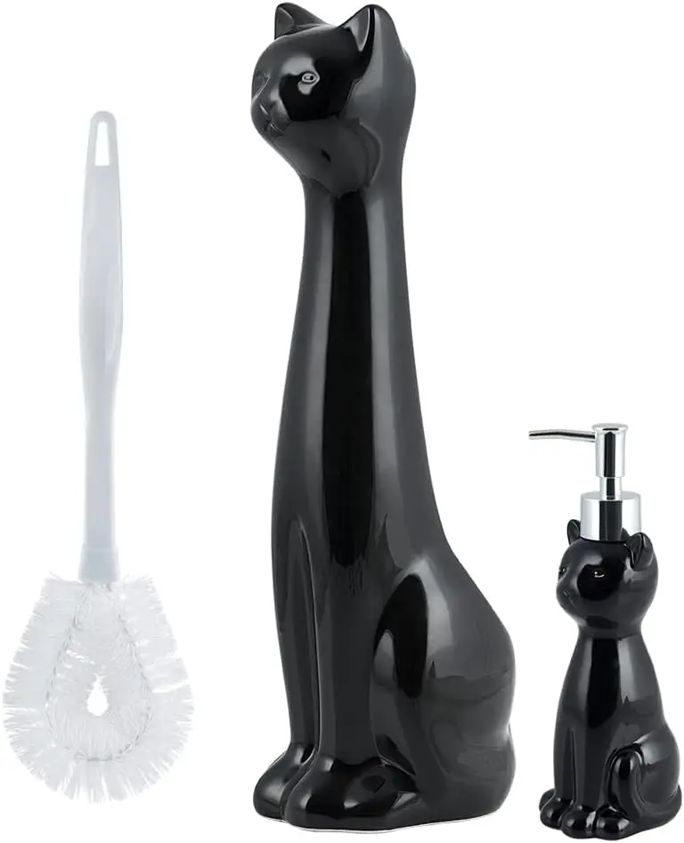 

3-Piece Black Ceramic Toilet Brush Holder with White Plastic Brush and Soap Dispenser Set
