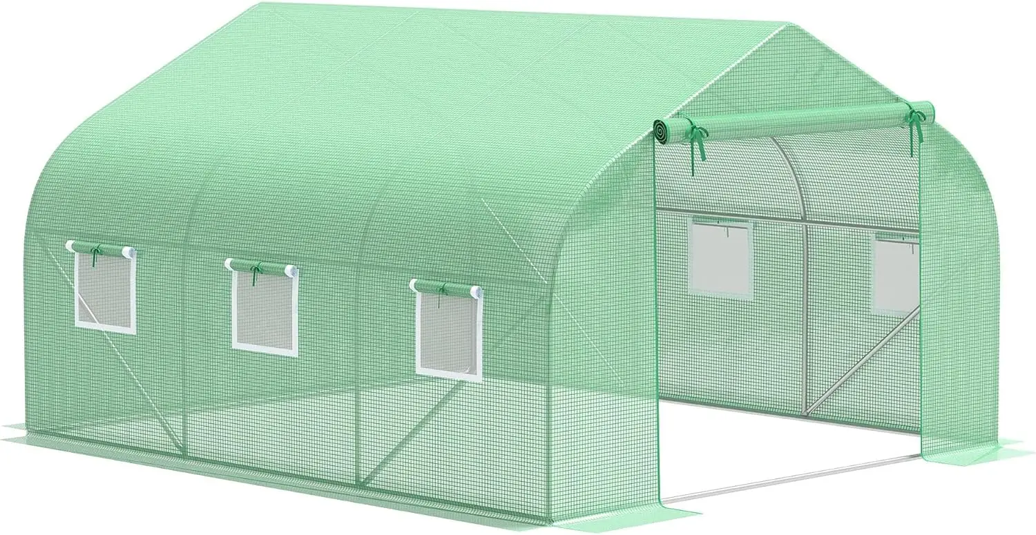 12' x 10' x 7' Outdoor Walk-in Greenhouse, Tunnel Green House w/ Roll-up Windows,Zippered Door, PE Cover, Heavy Duty Steel Frame