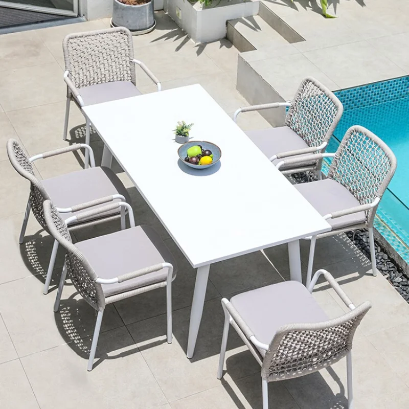 Modern outdoor tables and chairs simple white balcony casual rope chairs all-aluminum long outdoor courtyard rattan