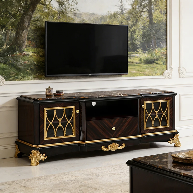 !@Romantic French Style Luxury Living Room TV Stand Custom Made Villa Hotel Ebony Solid Wood Marble Handmade Eco-Friendly Storag