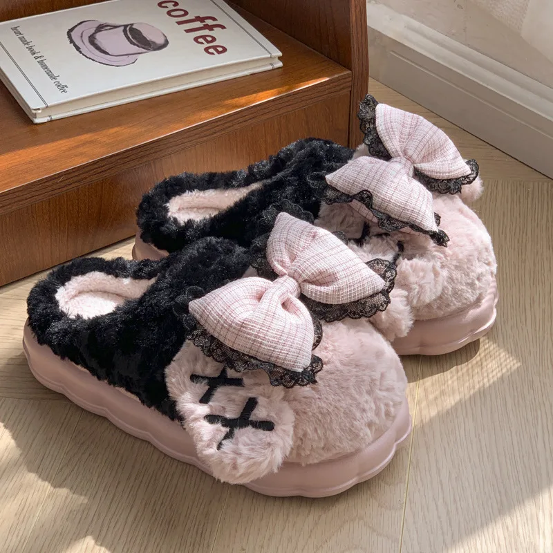 

Bow Cotton Slippers Women's Autumn and Winter Warm Thick-soled Plush Shoes Cute Indoor Home Non-slip Outer Wear