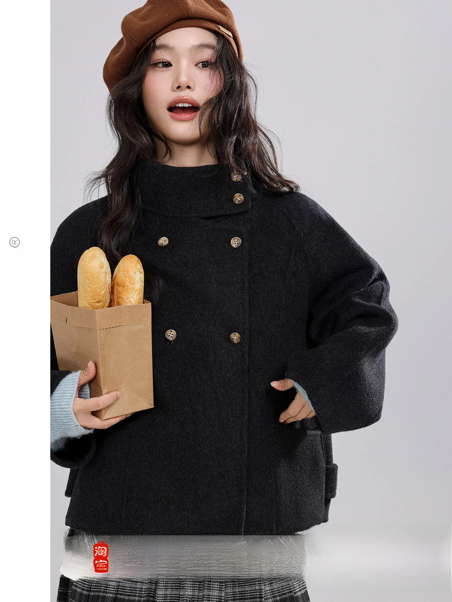 

Linyun Bla Woolen Double-Faced Tweed Stand-Collar Jaet Korean Sle Women's Winter Coat Long Sve Commute Friendly